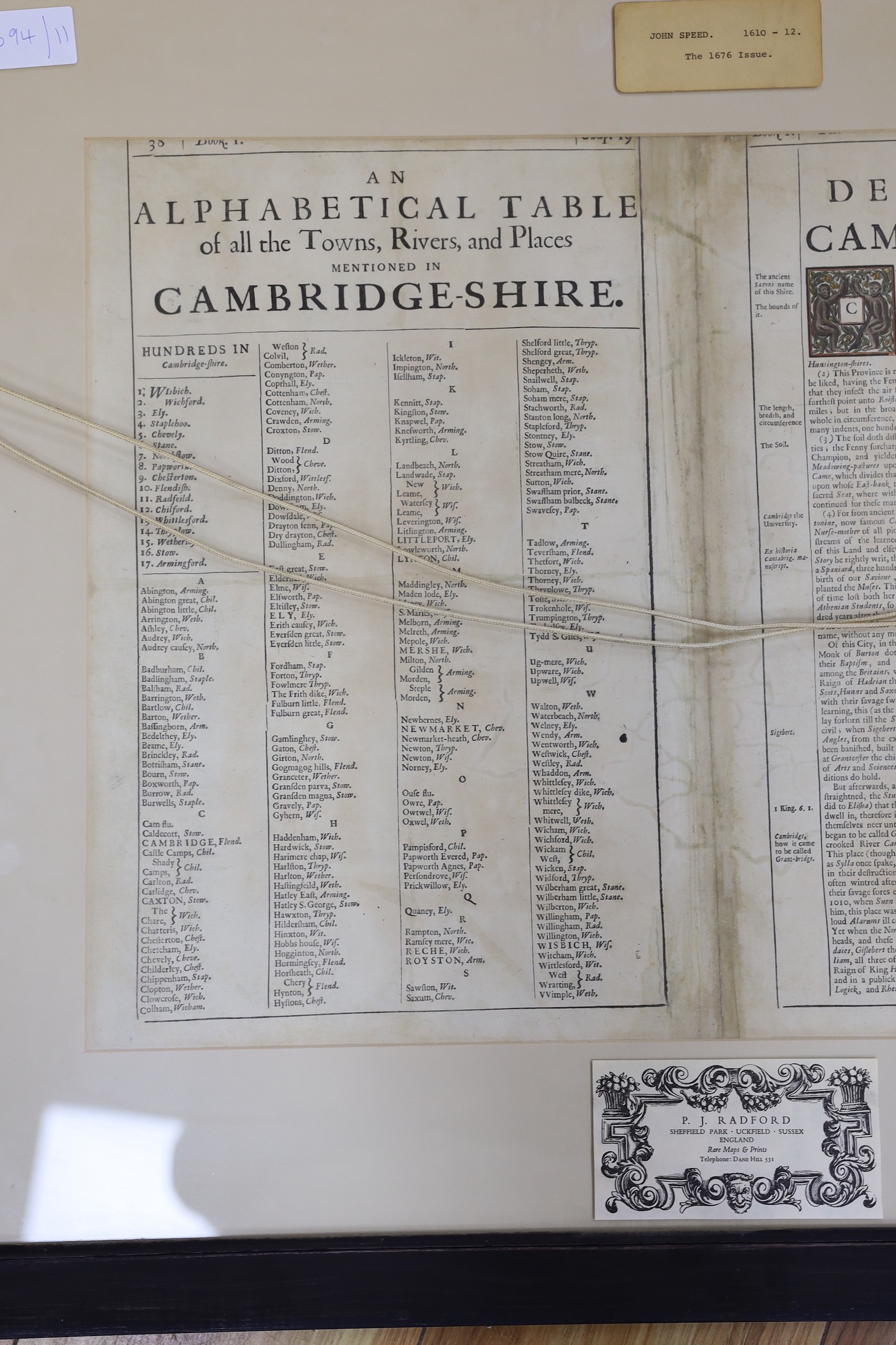 John Speede, coloured engraving, Map of Cambridgeshire, 1676 issue, English text verso, 39 x 53.5cm